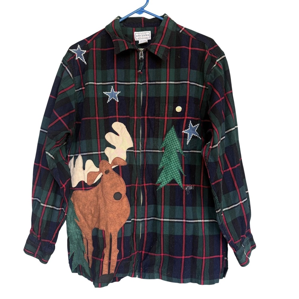 Arizona Jean Company Shirt Womens Large Plaid Moose Christmas Corduroy Zip Top